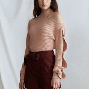 NWT N12H Rose Pink Gigi Ribbed Knit Wool‎ Blend Button Sleeve Cut Out Sweater XS